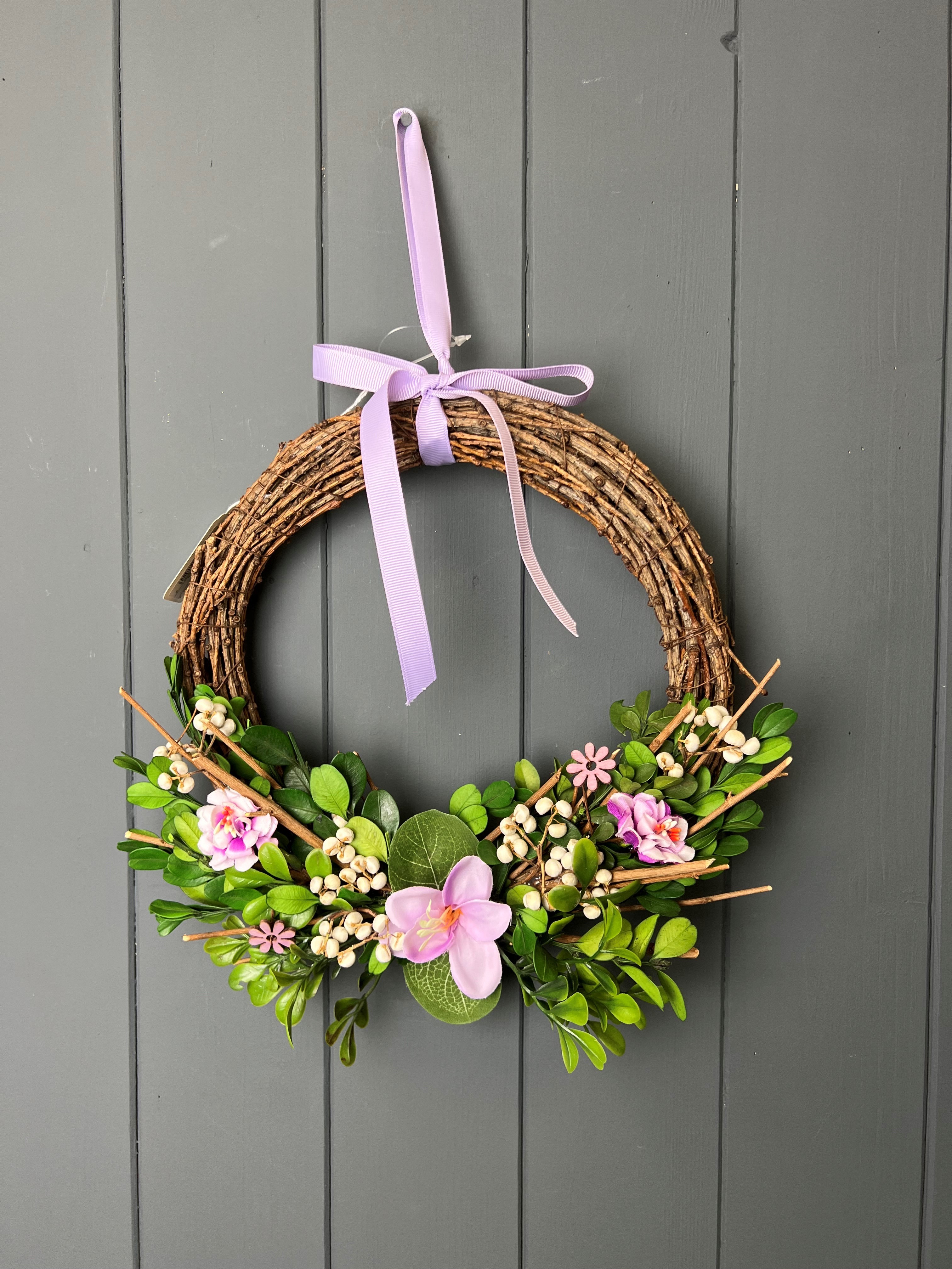 Medium Purple Floral and Greenery Spring Wreath  detail page